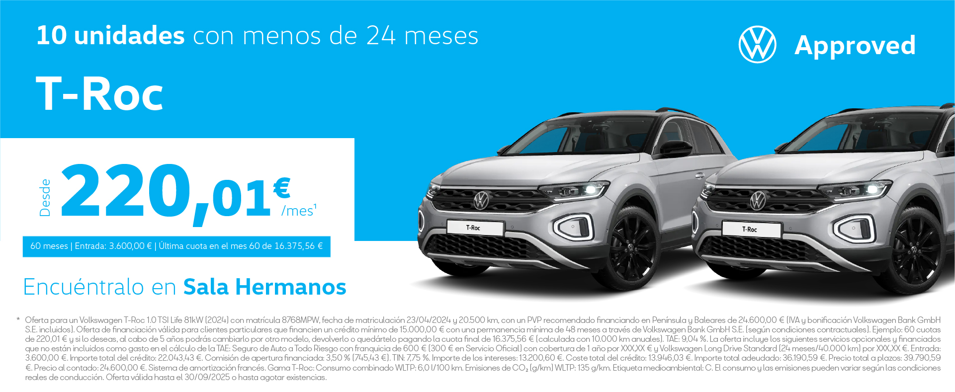 Volkswagen T-Roc por solo 220,01€/mes*